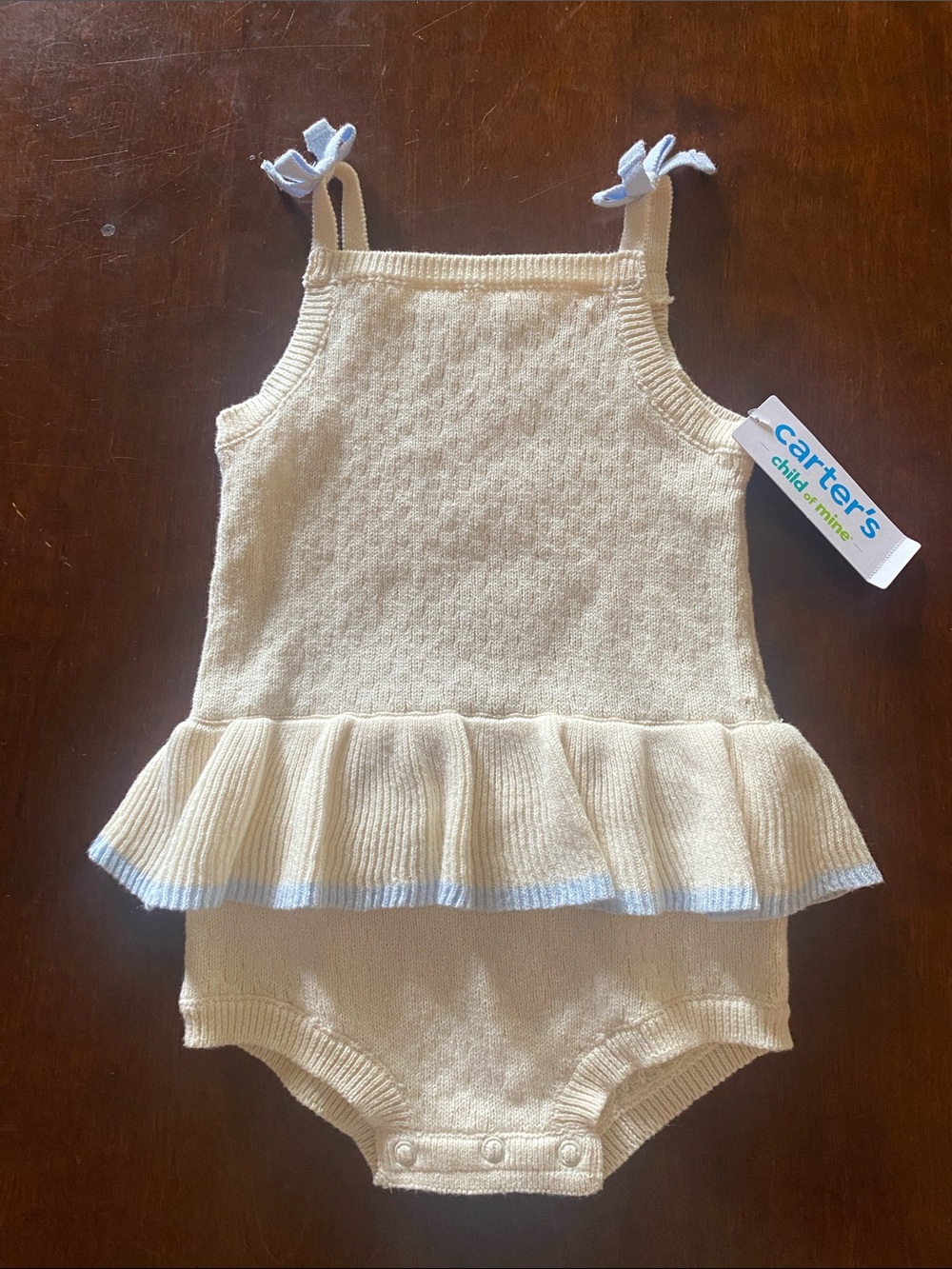 Carter's Cream Knit Baby Romper with Light Blue Trim & Bows